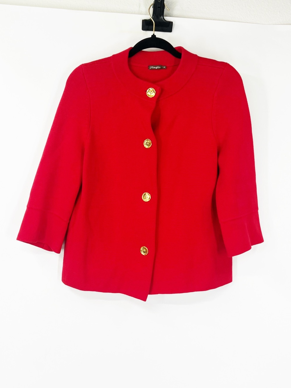J. McLaughlin Red Ribbed Knit Cardigan Jacket 3/4 Sleeve Cotton Blend